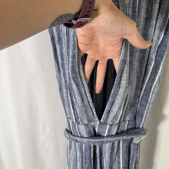 Cloth and Stone Linen Blend Romper Women's Small Blue Striped Open Back Tie - Picture 12 of 13